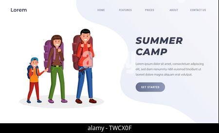Landing page parents with son going together on camping flat style vector illustration Stock Vector