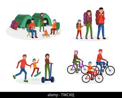 Joyful cartoon parents with children travelling, riding bike scateboard, going camping with tents vector illustration set. Mother father and kid living active lifestyle. Isolated on white Stock Vector