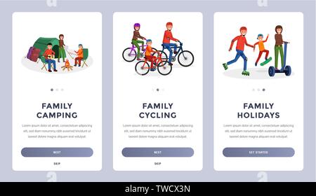 Set of family activities onboarding screens for mobila application or website flat style vector illustration Stock Vector