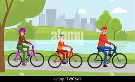 Lovely smiling parents with small son cycling vector illustration. Mother father and kid in safety helmets and sportswear. Active lifestyle concept. Urban landscape Stock Vector