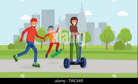 Family in the park having outdoor activities flat style vector illustration Stock Vector