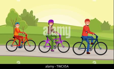 Family active holidays on bicycles in the park. Lifestyle concept Stock Vector