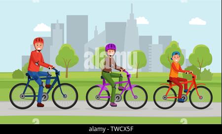 Lovely smiling active family riding on bicycles in the park. Active lifestyle concept. Urban landscape Stock Vector