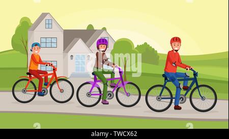 Family on bicycles near house. Lifestyle concept Stock Vector
