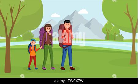 Parents with son traveling trekking with backpacks in mountains forest. Family camping flat style vector illustration Stock Vector