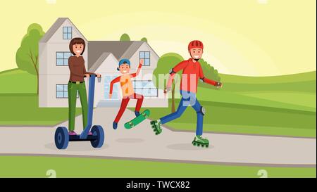 Parents with son spending time together flat style vector illustration. Father, mother and small son have a fun near country house Stock Vector