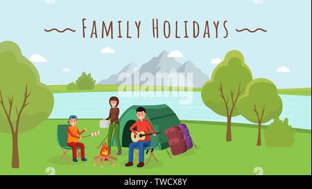 Parents with son sitting around campfire and tent flat style vector illustration Stock Vector