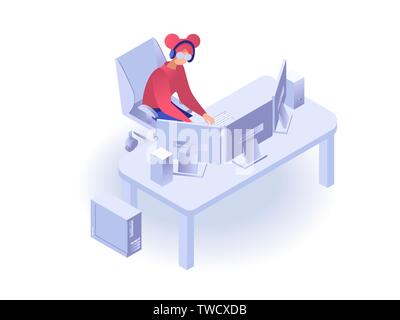 Woman working on the computer flat 3d isometric vector isolated on white background Stock Vector
