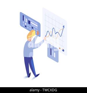 Man standing at screen with charts and diagrams. Internet payments security and modern technologies privacy isometric vector illustration. Isolated on white background Stock Vector
