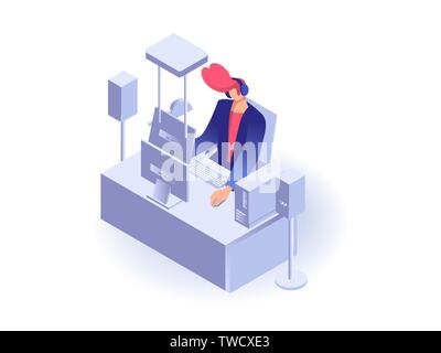 Man working at the computer flat 3d isometric vector isolated on white background Stock Vector