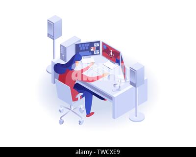 Woman working at the computer with three monitors flat 3d isometric vector isolated on white background Stock Vector