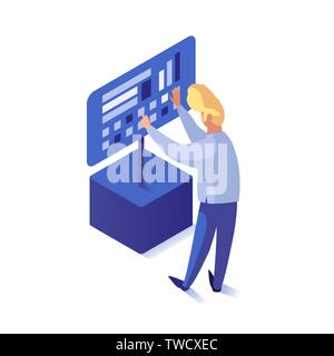 Man standing at digital screen. New technology concept flat isometric vector illustration isolated on white background Stock Vector