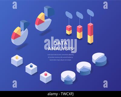 Different templates of informative diagrams and charts for website and mobile apps isometric vector illustration. Digital technology concept. Place for text Stock Vector