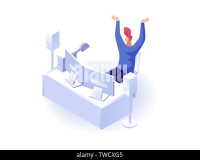 Happy man with hands up working at the computer flat 3d isometric vector isolated on white background Stock Vector