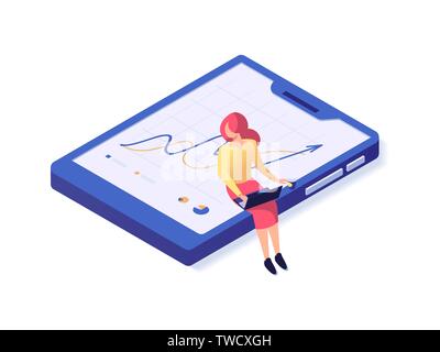 Woman in business suit sitting on the big mobile screen with chart isometric vector illustration isolated on white background Stock Vector