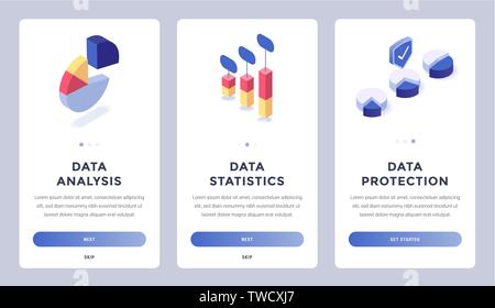 Set of information analysis, statistics and internet protection. Mobile onboarding screens isometric vector illustration. Place for text Stock Vector