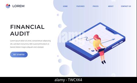 Landing page concept for financial company or business. Woman in business suit sitting on the big mobile screen with chart isometric illustration. Stock Vector
