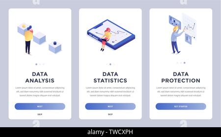 Set of mobile screens for statistics, analysis, protection. People parsing and saving information isometric vector illustration. Technology internet and networking concept. Place for text Stock Vector