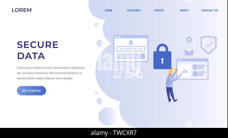 Secure data landing page concept. Cyber security flat style vector illustration Stock Vector