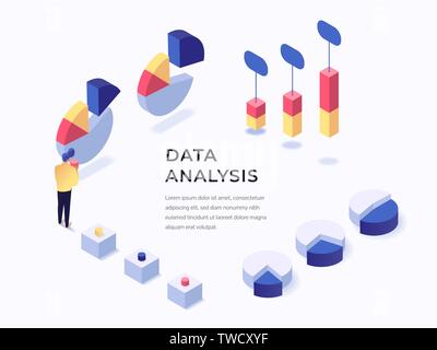 Data anaysis concept isometric flat style vector illustration. Place for text. Charts and graphs Stock Vector