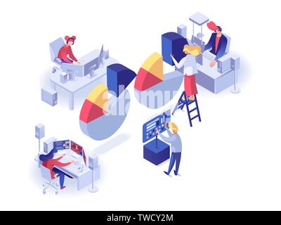 People working at computers around pie chart isometric vector illustration. Workers sitting in the workplace analyze statistics Stock Vector