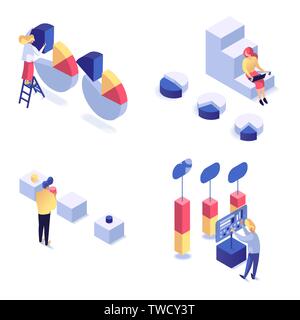 People analysing, prioritising and saving important business data vector illustration set. Technology internet and networking concept. Isolated on white background Stock Vector