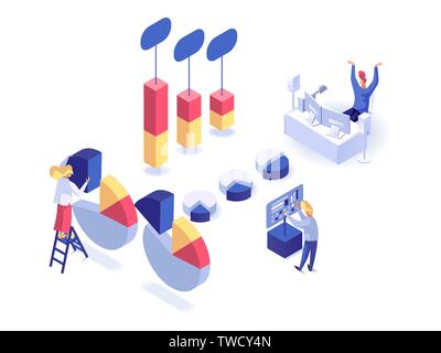 People working with statistic isometric vector illustration. Workers in the workplace analyze statistics. Analysis data and investment Stock Vector