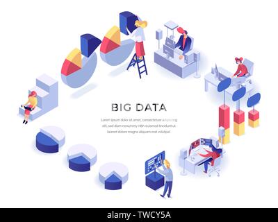 People working with different types of information charts and graphs, analysing and processing working materials. Technology internet and networking concept vector illustration. Place for text Stock Vector