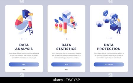 Set of working materials analysis, protection. People processing statistics and virtual database isometric vector illustration. Technology internet and networking concept. Place for text Stock Vector