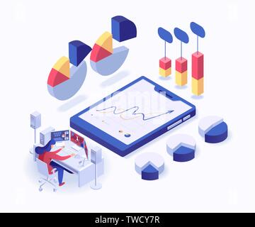 Woman working at computer near different charts isometric vector illustration. Workers sitting in the workplace analyze statistics Stock Vector