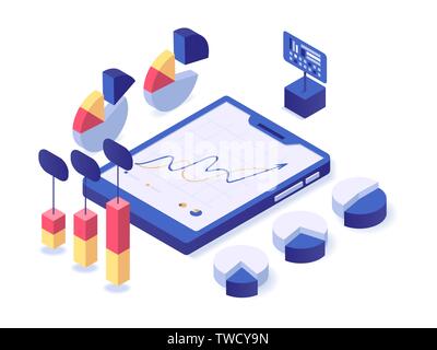 Data analytics isometric concept vector illustration. Different types of diagrams, charts and information processions Stock Vector
