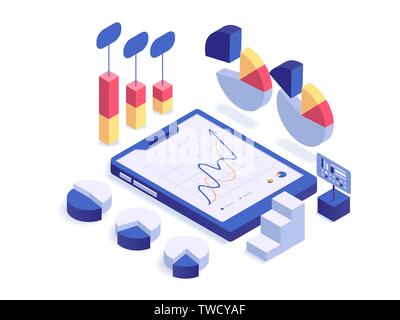 Different types of diagrams, charts and information processions. Data analytics modern isometric concept vector illustration Stock Vector