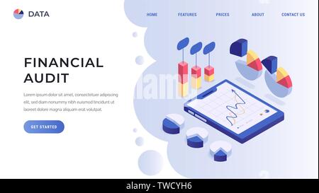 Different types of diagrams, charts and information processions. Data analytics modern isometric concept vector illustration. Landing page template Stock Vector
