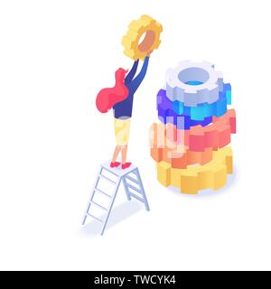A woman standing on ladder and holds a gear and collects a pyramid from them isometric vector illustration isolated on white background. Concept of management or development mechanism Stock Vector