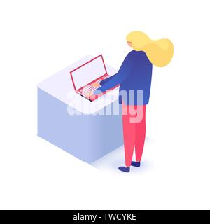 Woman standing and working with the laptop isometric vector illustration isolated on white background Stock Vector