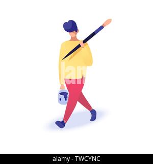 Designer goes with big paint brush and paint bucket isometric vector illustration isolated on white background. Website and graphic design concept Stock Vector