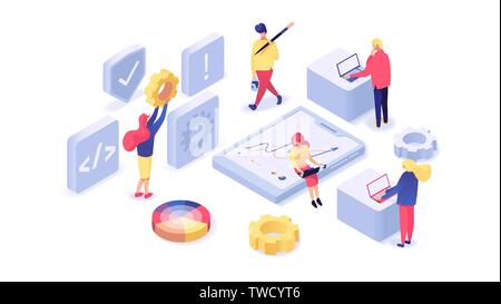 Web development team concept with little people isometric vector illustration isolated on white background Stock Vector