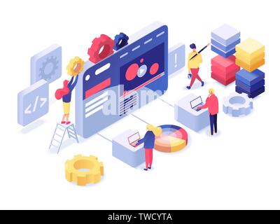 Developers and specialists testing website on big screen. People interacting with data and webpage settings. Internet networking concept isometric vector illustration. Isolated on white background Stock Vector
