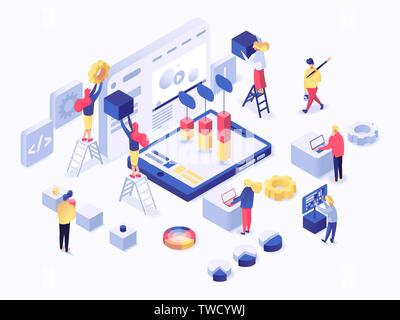 Modern isometric concept of website creation or mobile application vector illustration isolated on white background Stock Vector