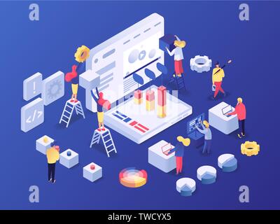 Designers team working on new creative draft. People building and developing website. Technology internet and networking concept isometric vector illustration Stock Vector