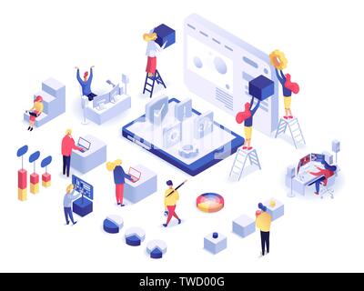 UX UI design concept with a lot of characters. Developers and specialists testing website and mobile application flat isometric vector illustration isolated on white background Stock Vector