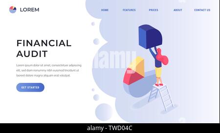 Financial audit landing page concept flat isometric vector illustration. Woman standing on ladder and holds a piece of pie chart Stock Vector