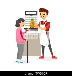 Man helping elderly woman with a selection of fresh pineapple flat style vector illustration isolated on white background Stock Vector