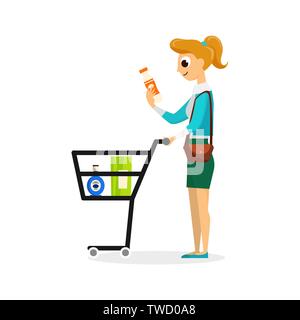 Woman with full supermarket shopping cart flat style vector illustration isolated on white background Stock Vector