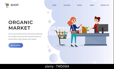 Website template with woman standing at cash desk near cashier in supermarket flat design vector illustration. Female buying beverages and food. Organic store interior Stock Vector