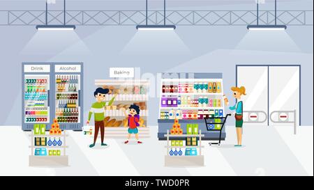People buying food and drink in supermarket flat vector illustration Stock Vector