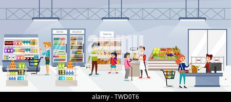 Men and women walking in store and buying natural fresh products in different supermarket departments. Store shelves full of nutrtious foods and beverages vector illustration Stock Vector