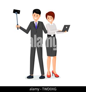 Office workers taking photo vector illustration. Businessman with monopod and businesswoman holding laptop cartoon characters. Mobile technology, happy coworkers, business blog flat design Stock Vector