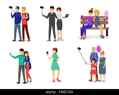 People taking selfie vector illustration set. Friends, family, coworkers posing for photo together cartoon characters. Friendship, modern lifestyle, trendy leisure isolated flat design elements Stock Vector