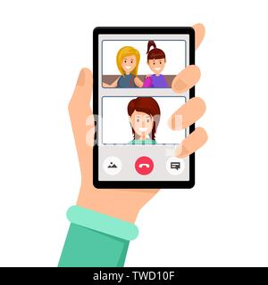 Video call, girlfriends talk vector illustration. Hand holding smartphone with smiling women on screen, video conference. Social communication network, internet technology, distance conversation Stock Vector